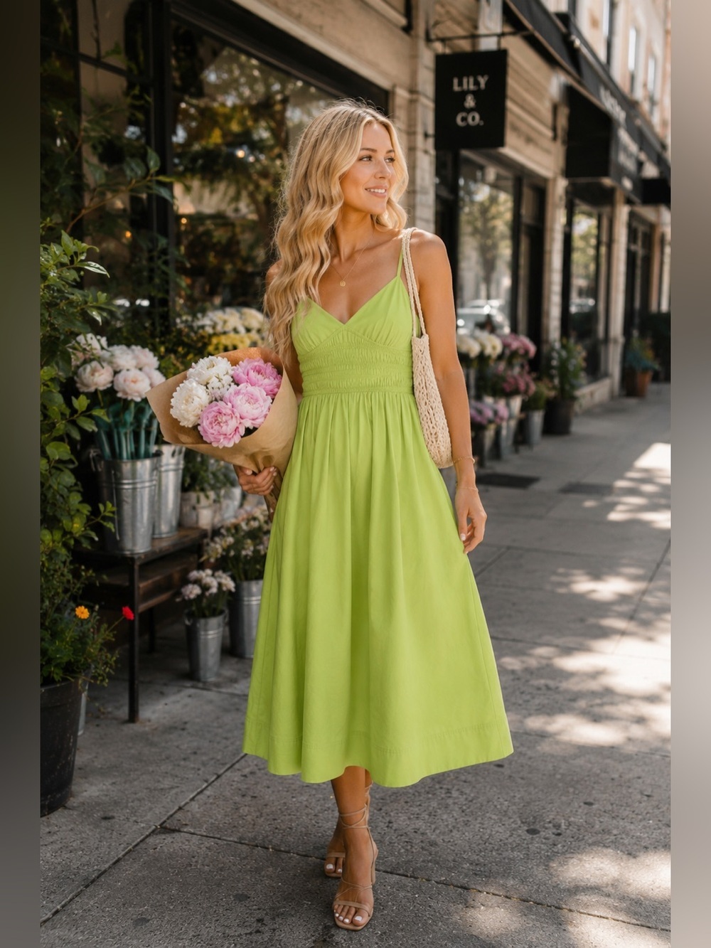Zara Lime Green Smocked Midi Dress with Spaghetti Straps